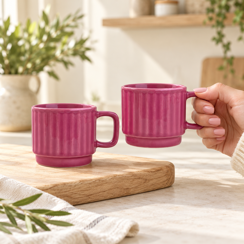 Deep Pink Ceramic Cups Pair