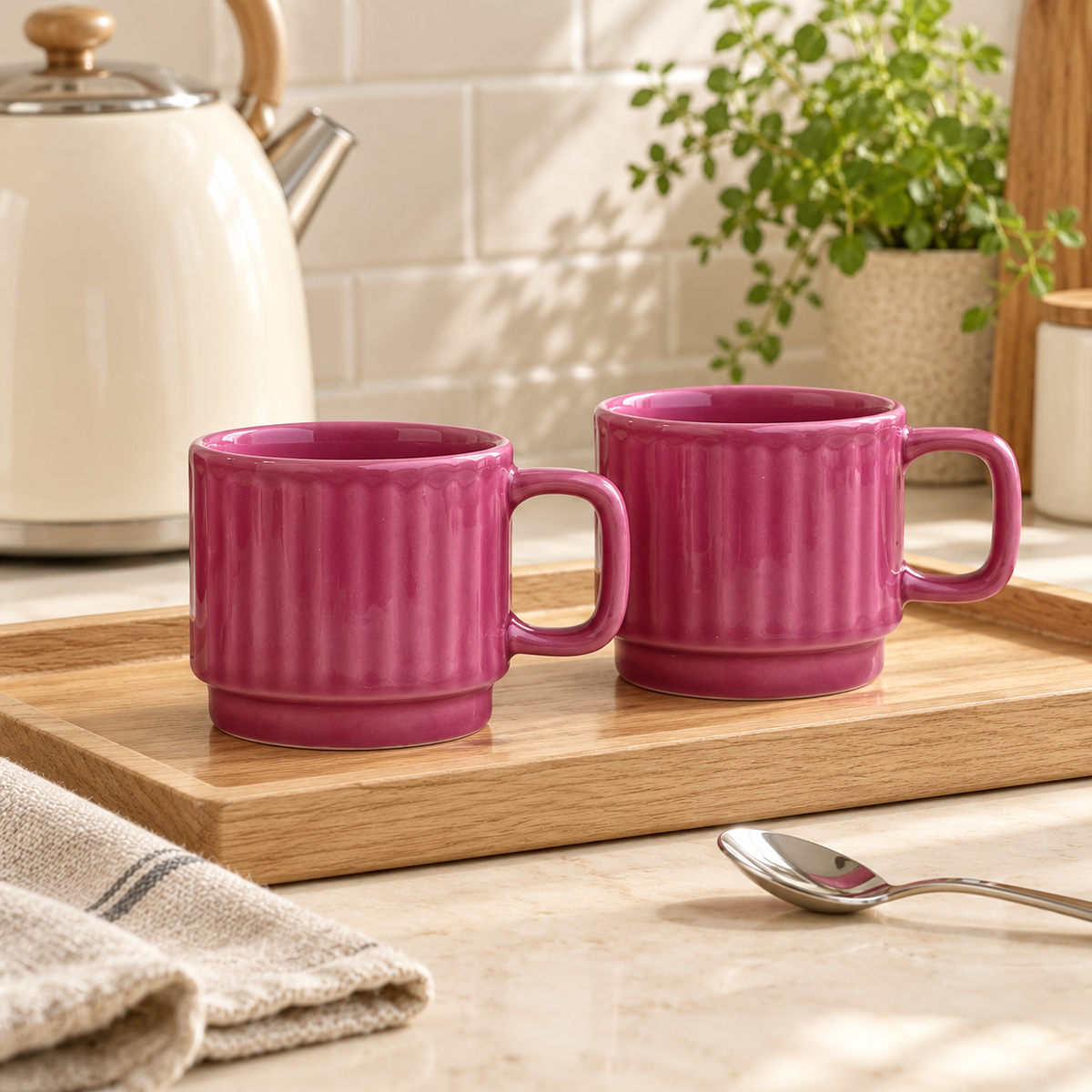 Deep Pink Ceramic Cups Pair