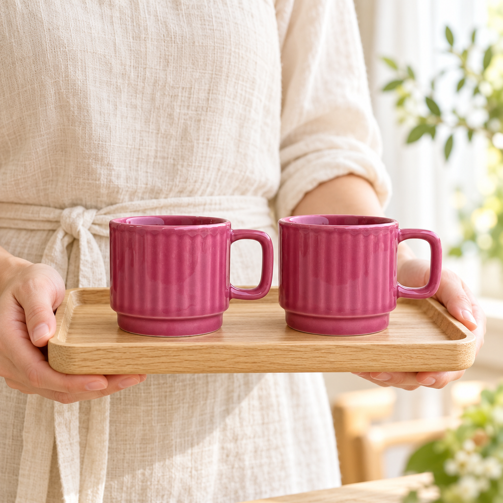 Deep Pink Ceramic Cups Pair