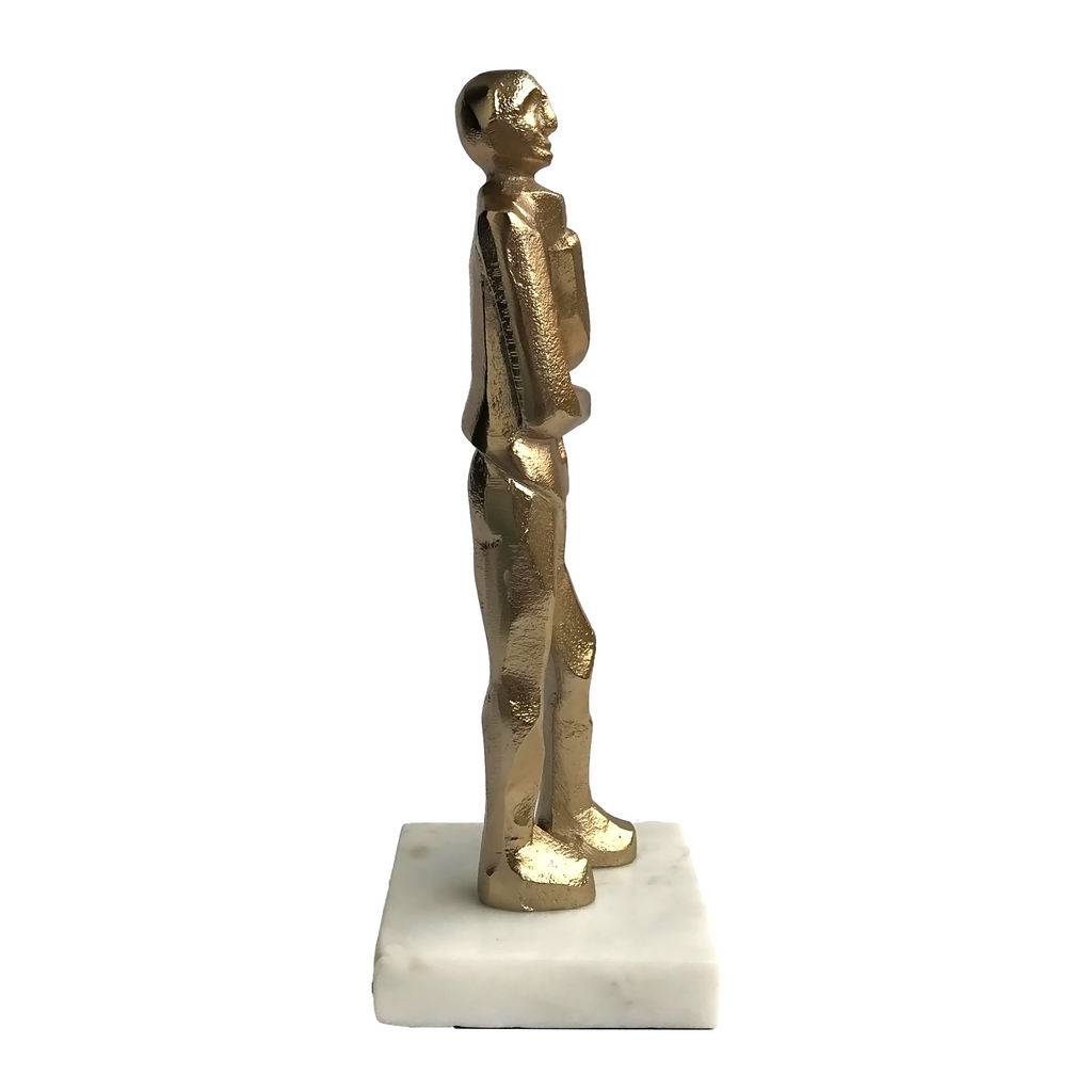 Golden Standing Human Figurine with Marble Base