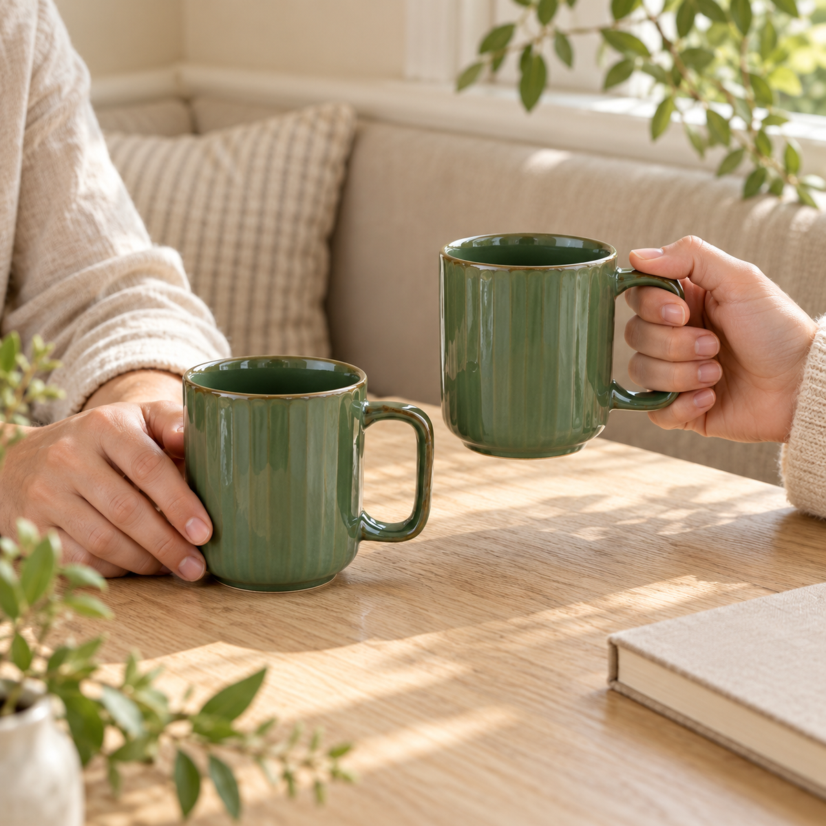 Green Ceramic Coffee Mug Pair