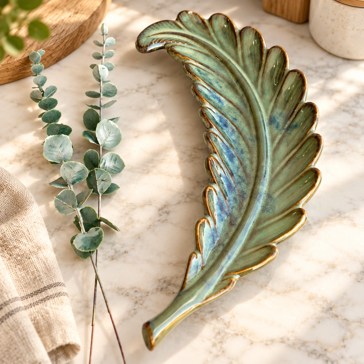 Green Curved Leaf Ceramic Serving Platter