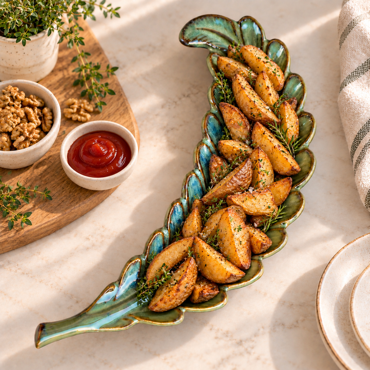 Green Curved Leaf Ceramic Serving Platter