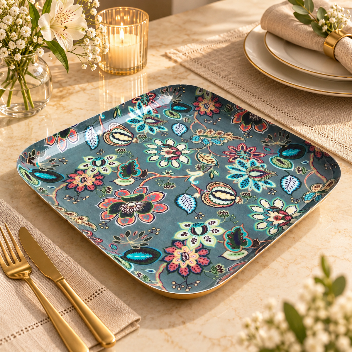 Grey Floral Aluminium Serving Platter