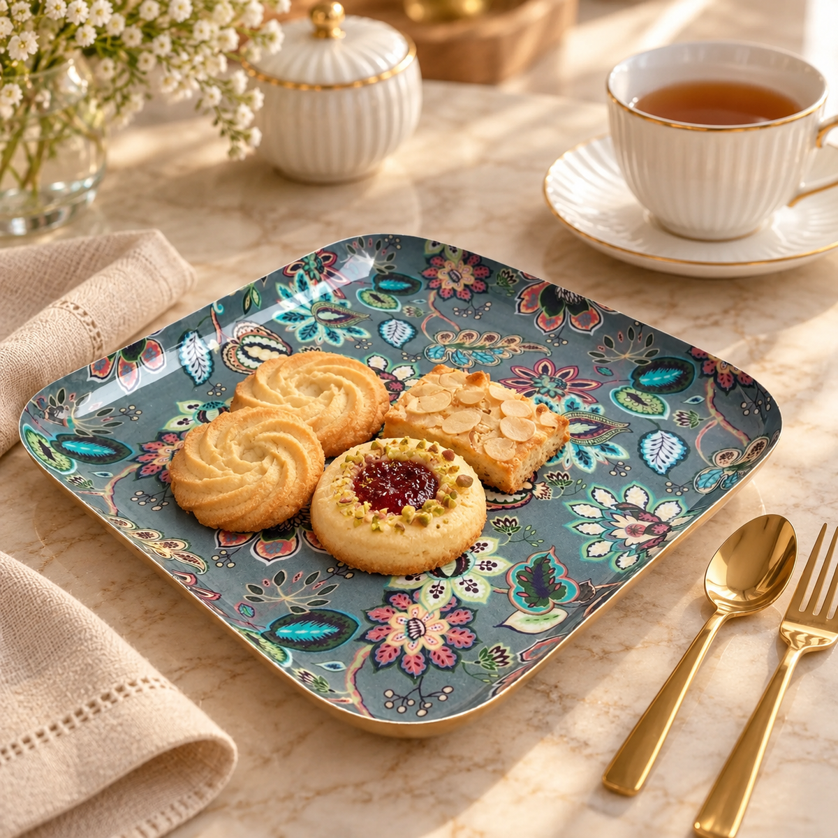 Grey Floral Aluminium Serving Platter