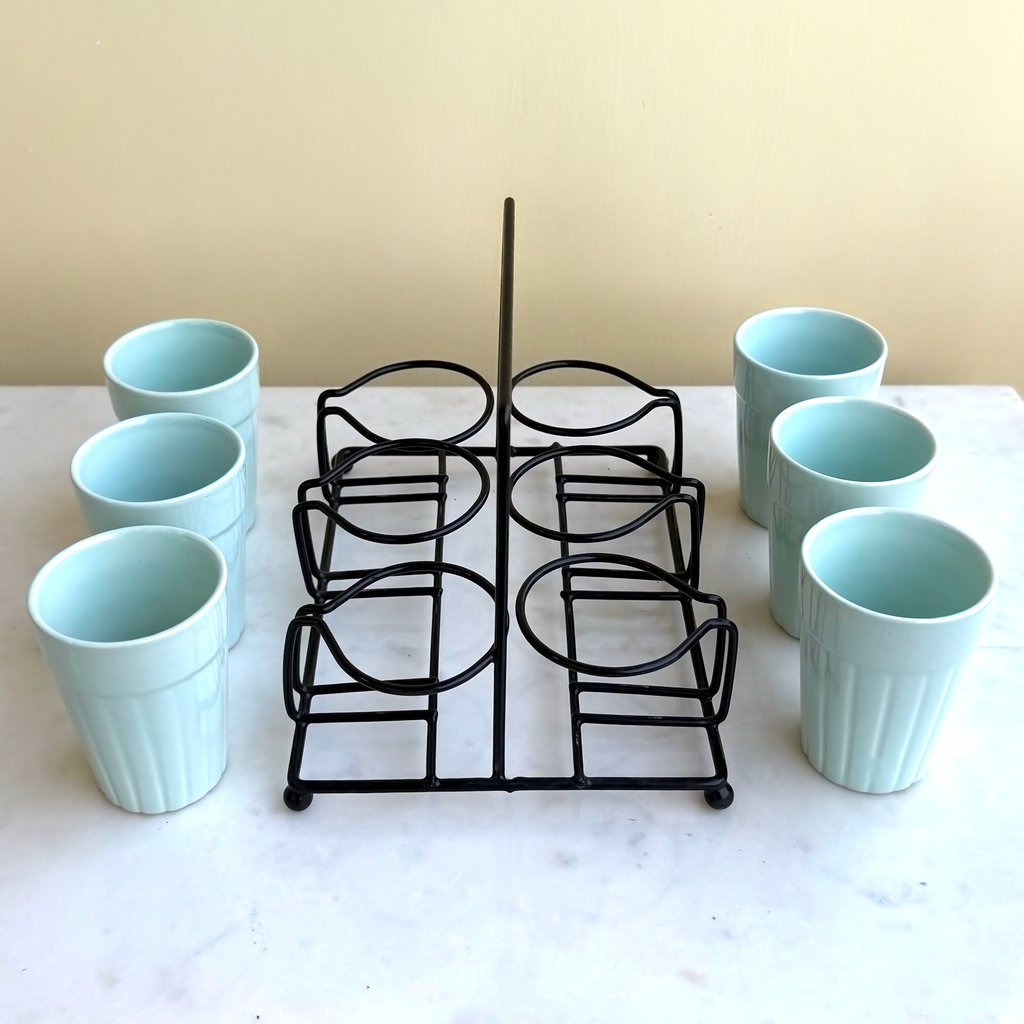 Light Blue Ceramic Cutting Chai Glass Set with Black Metal Stand