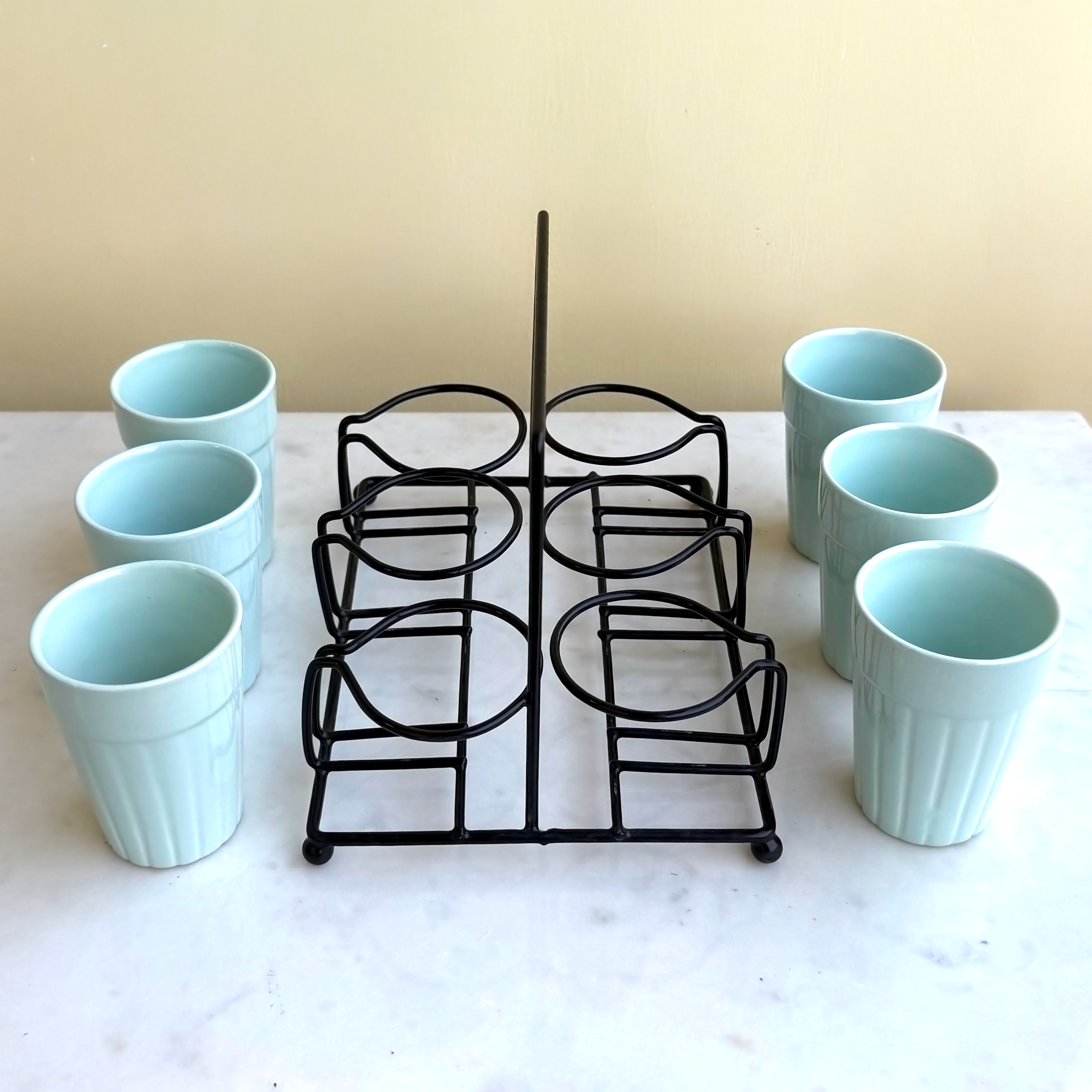 Light Blue Ceramic Cutting Chai Glass Set with Black Metal Stand