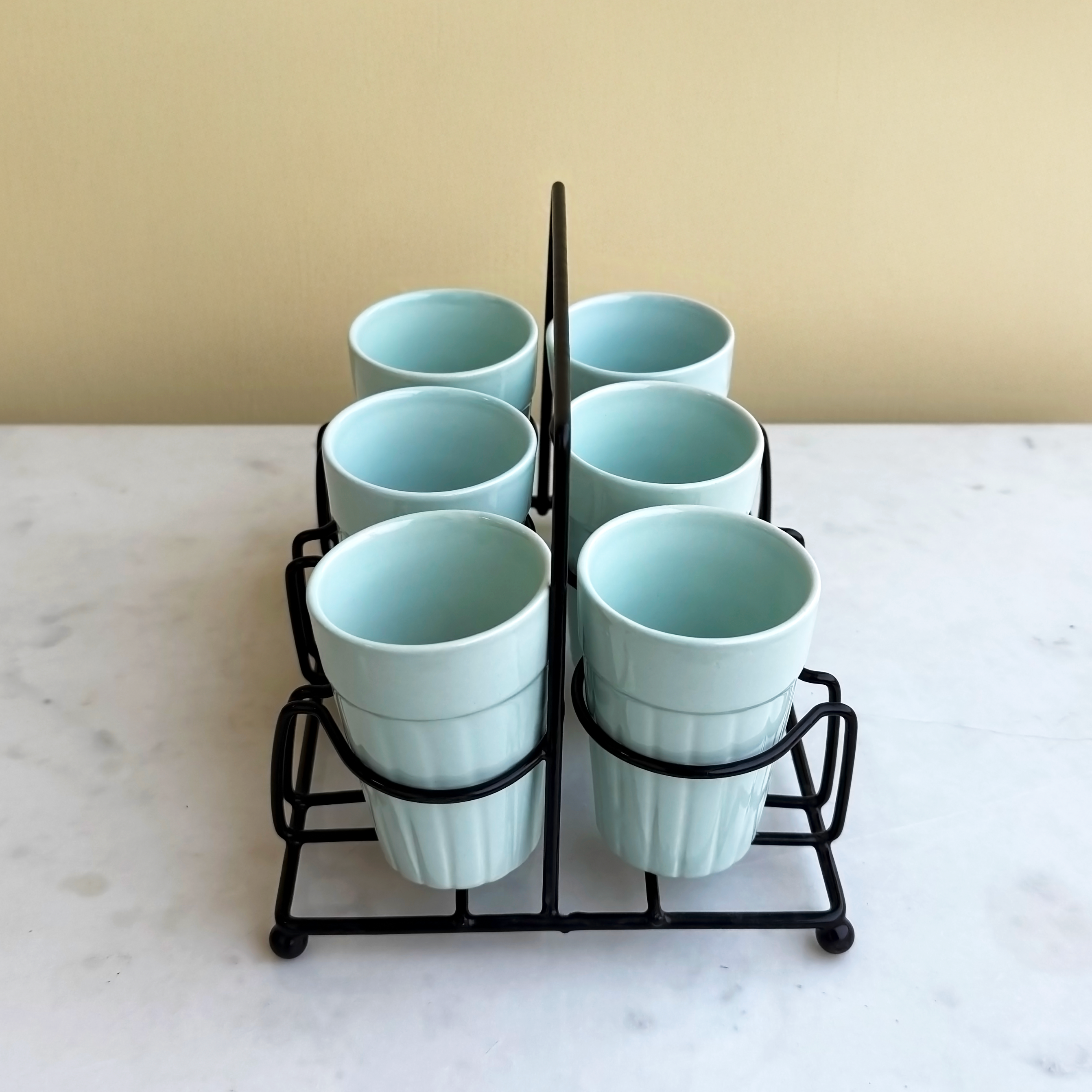 Light Blue Ceramic Cutting Chai Glass Set with Black Metal Stand
