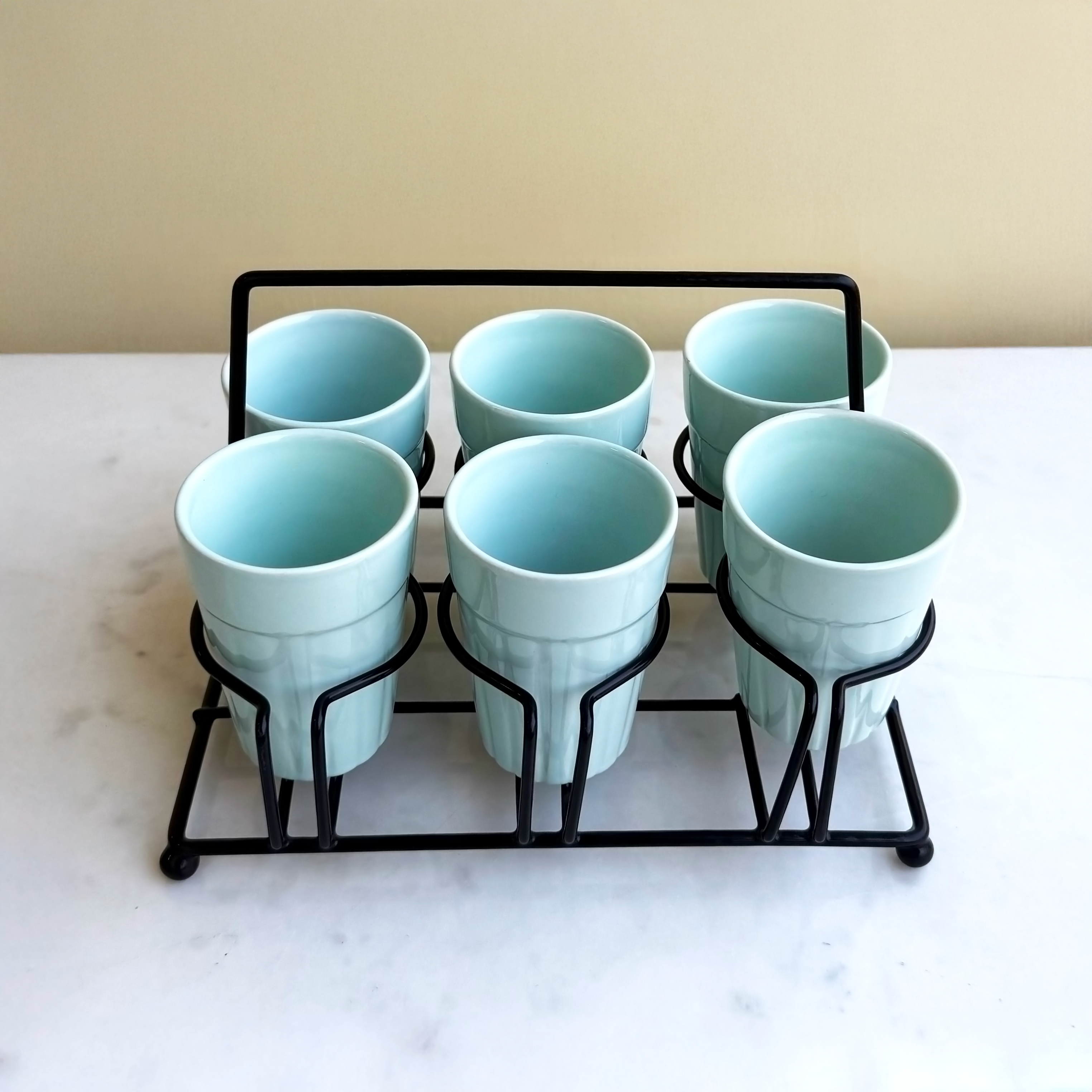 Light Blue Ceramic Cutting Chai Glass Set with Black Metal Stand