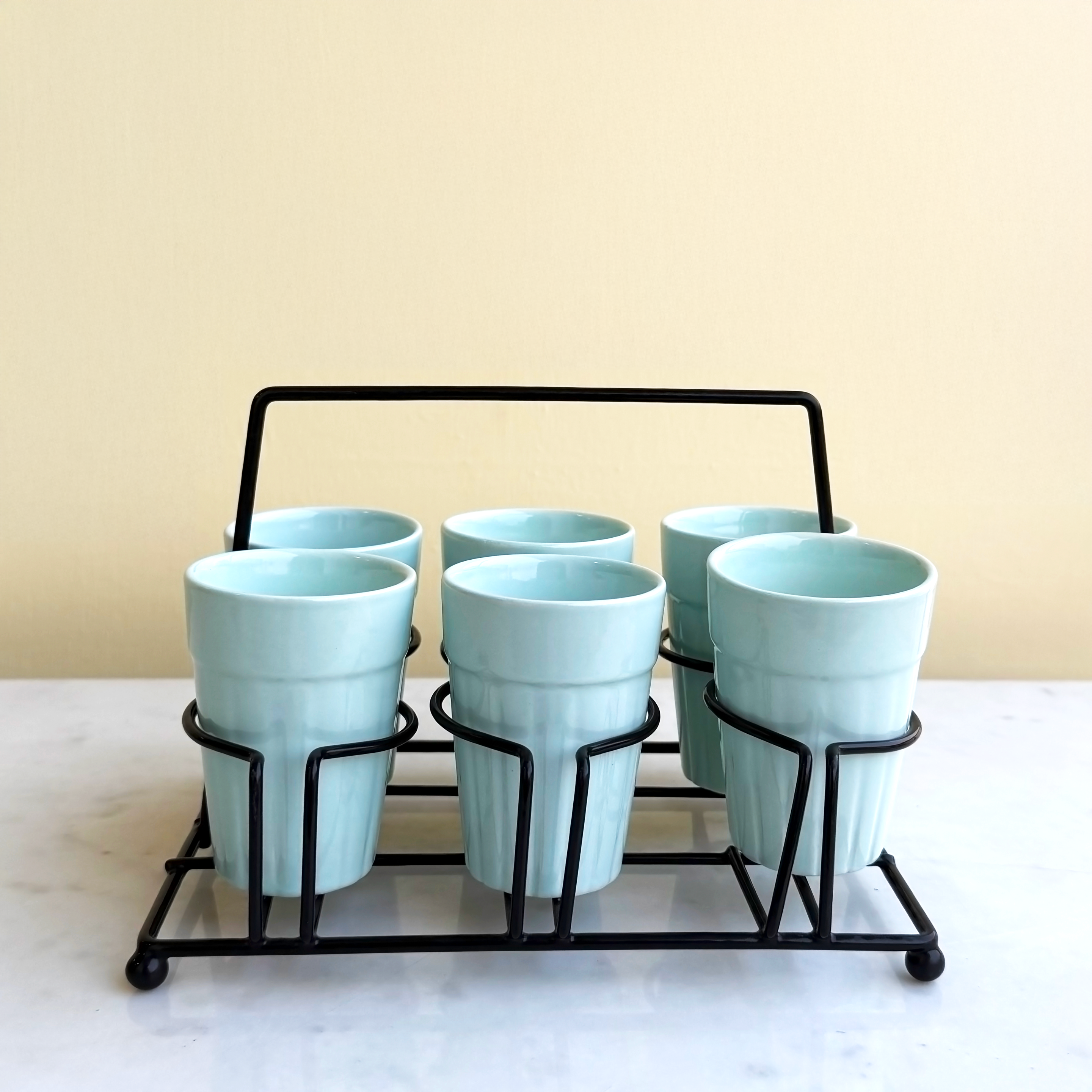Light Blue Ceramic Cutting Chai Glass Set with Black Metal Stand