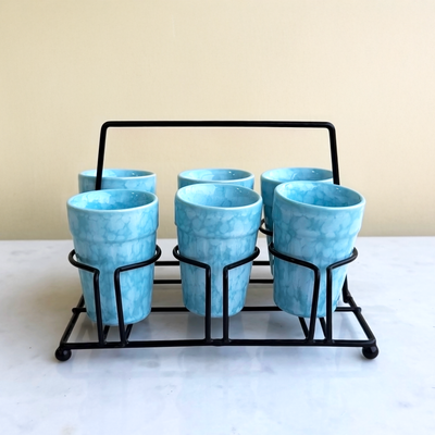 Blue Ceramic Cutting Chai Glass Set with Black Metal Stand