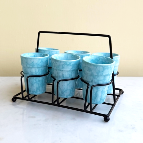 Blue Ceramic Cutting Chai Glass Set with Black Metal Stand