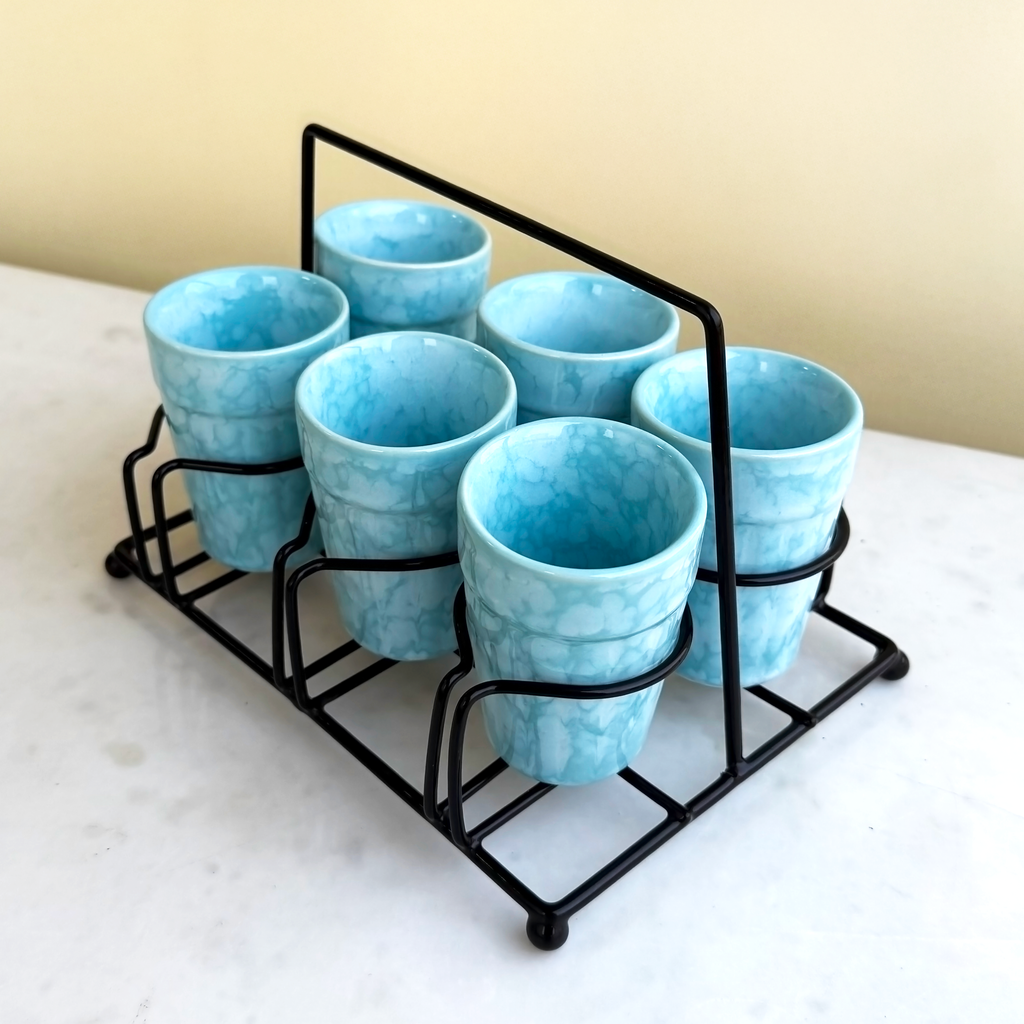 Blue Ceramic Cutting Chai Glass Set with Black Metal Stand