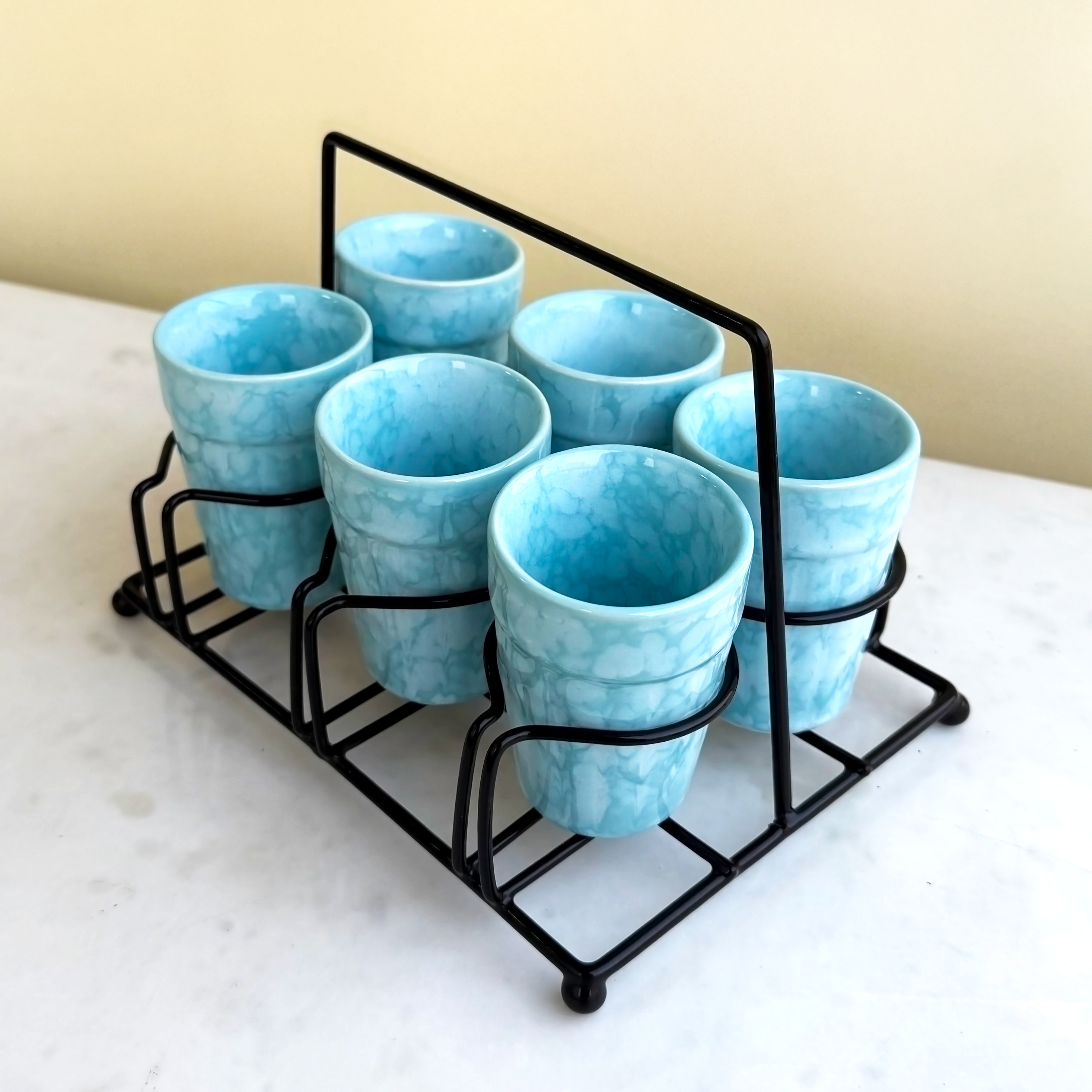 Blue Ceramic Cutting Chai Glass Set with Black Metal Stand
