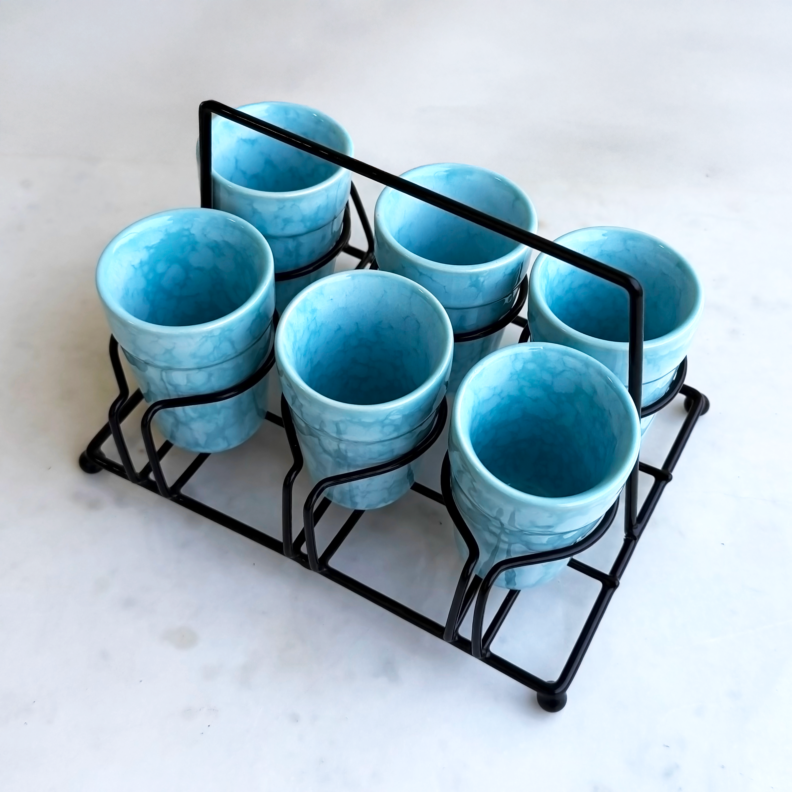 Blue Ceramic Cutting Chai Glass Set with Black Metal Stand