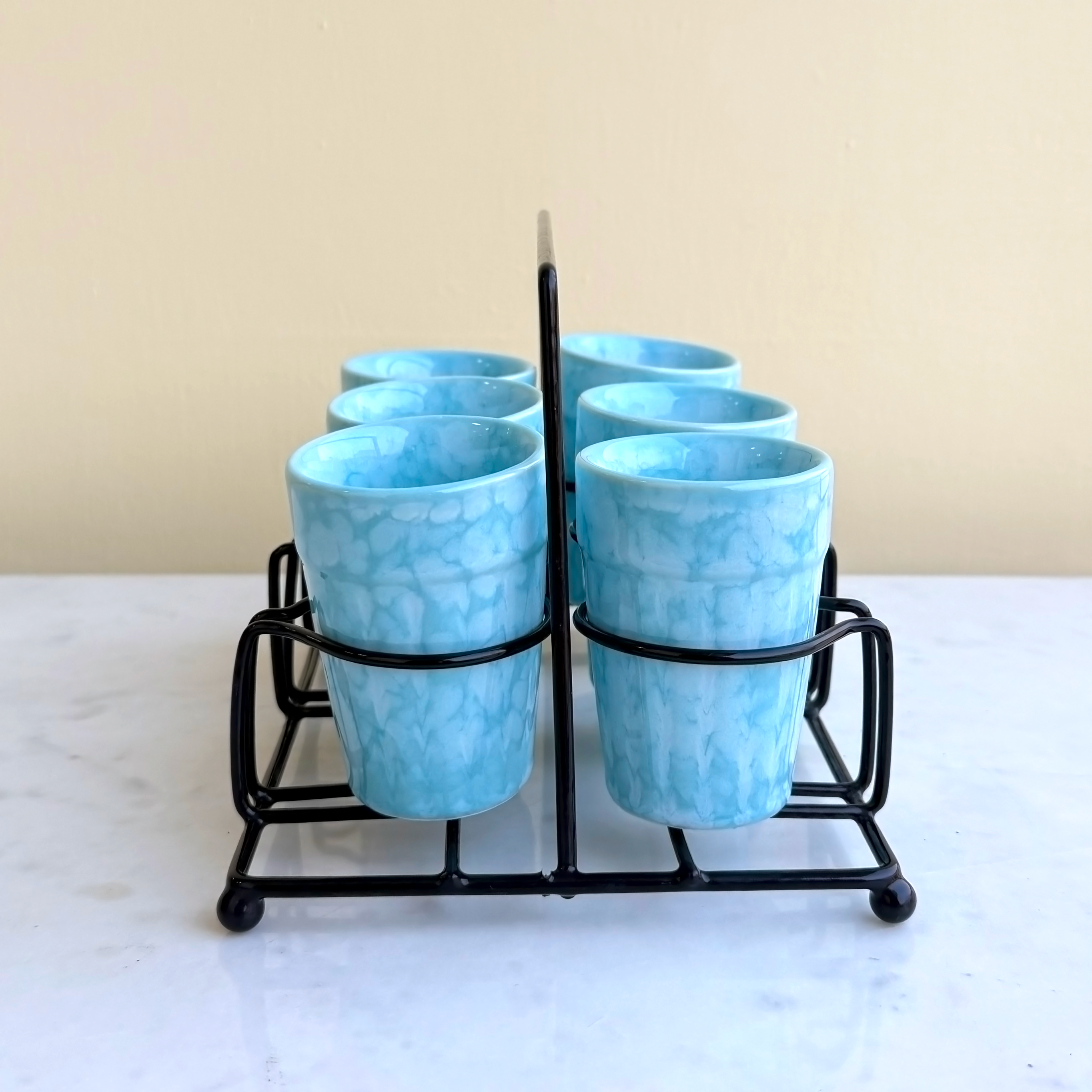 Blue Ceramic Cutting Chai Glass Set with Black Metal Stand