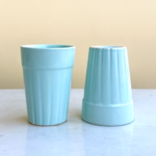 Load image into Gallery viewer, Light Blue Ceramic Cutting Chai Glass Set with Black Metal Stand | Casa Kriti
