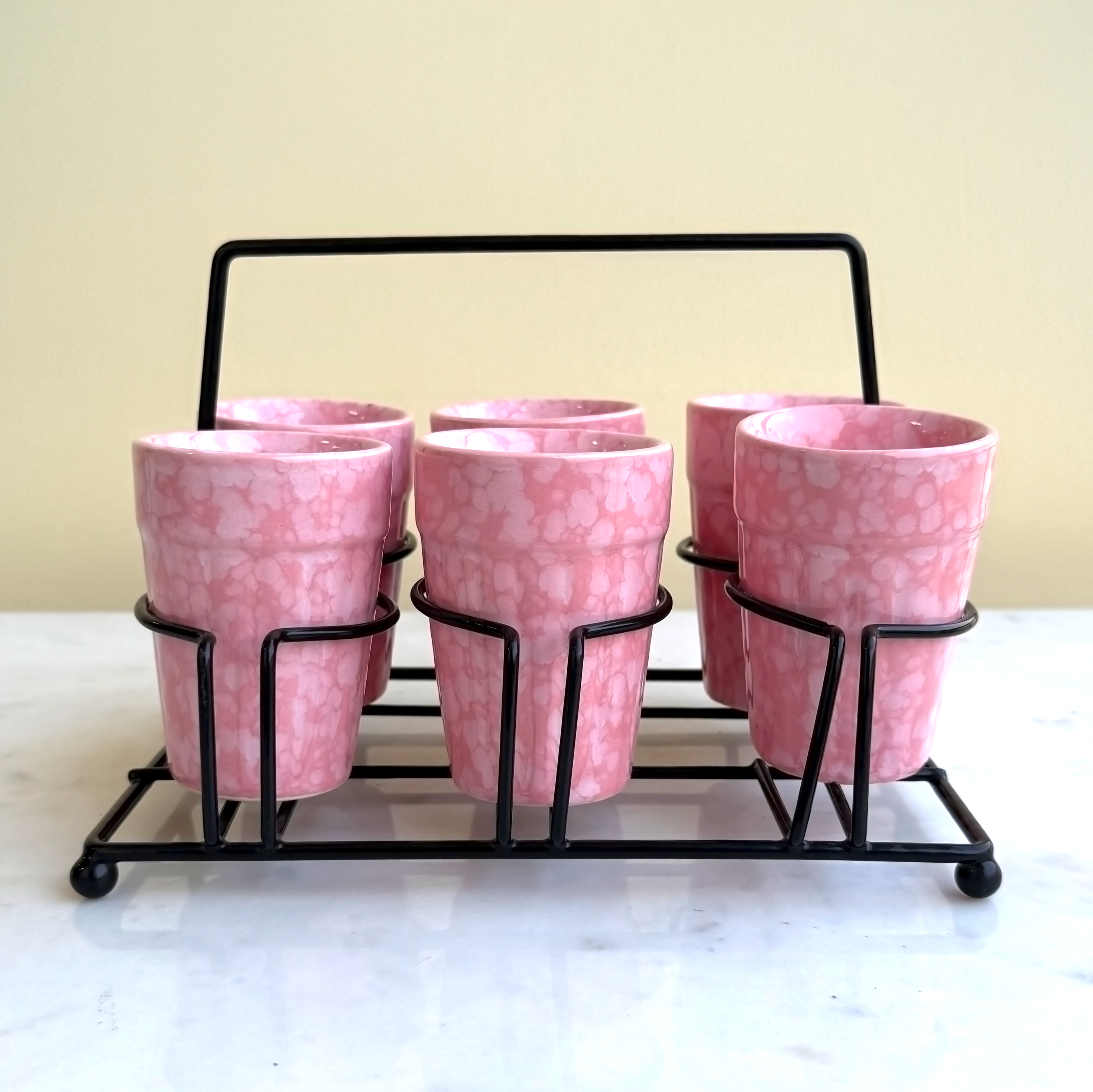 Pink Ceramic Cutting Chai Glass Set with Black Metal Stand
