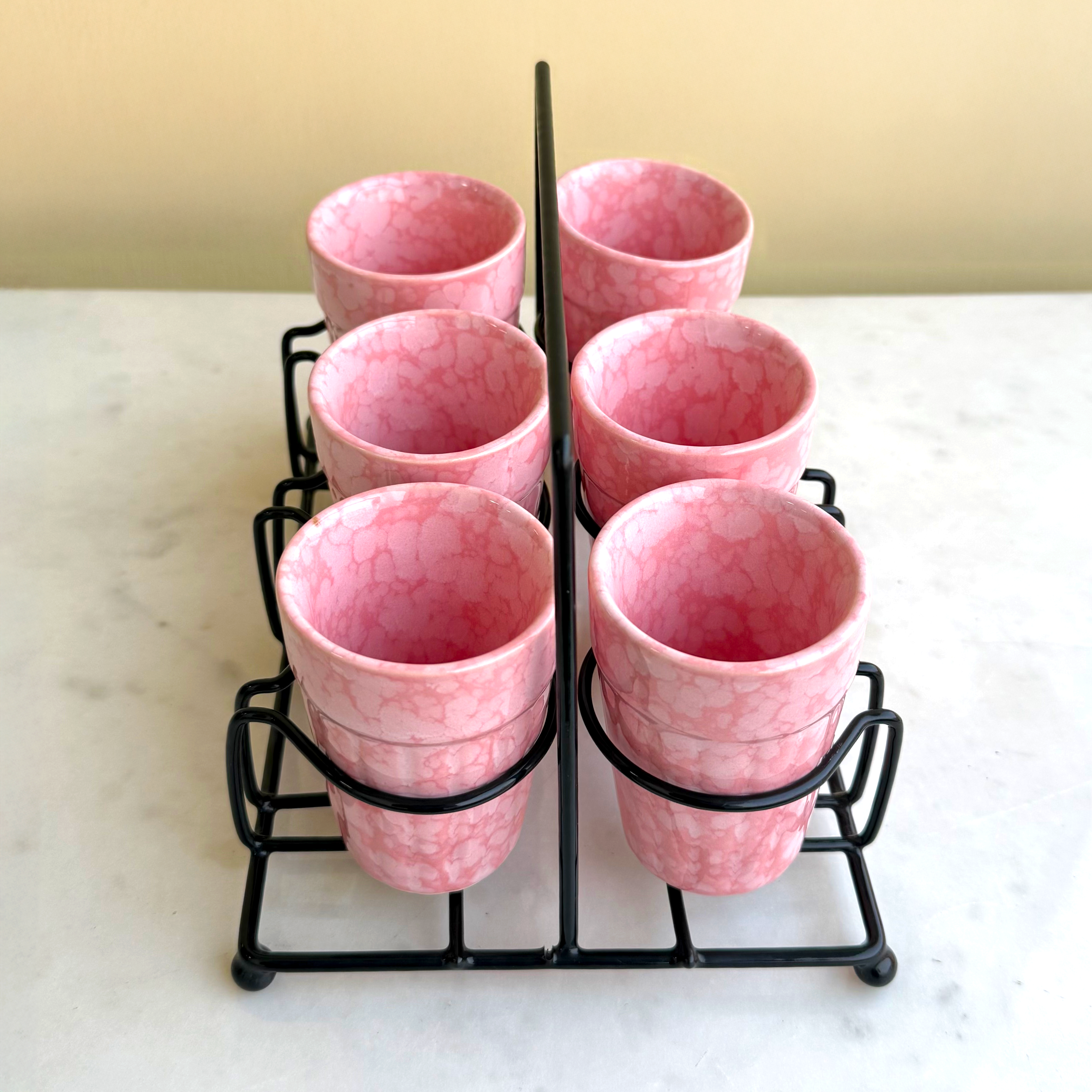 Pink Ceramic Cutting Chai Glass Set with Black Metal Stand
