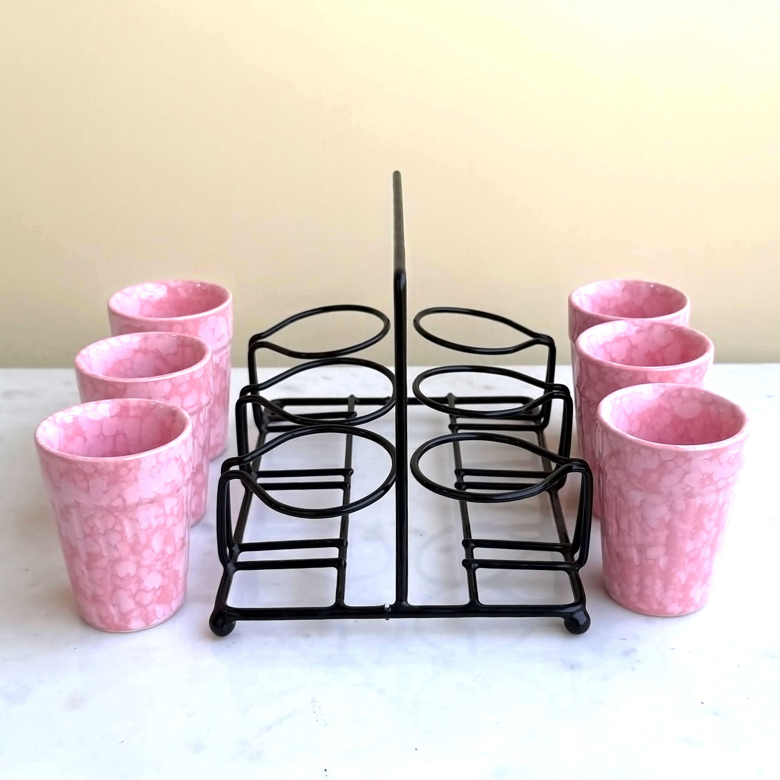 Pink Ceramic Cutting Chai Glass Set with Black Metal Stand