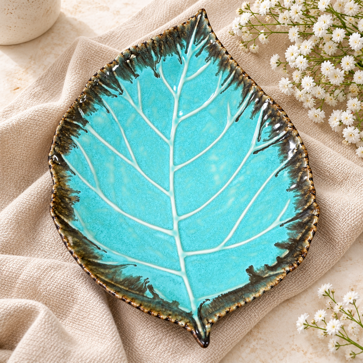 Large Blue Leaf Ceramic Serving Platter