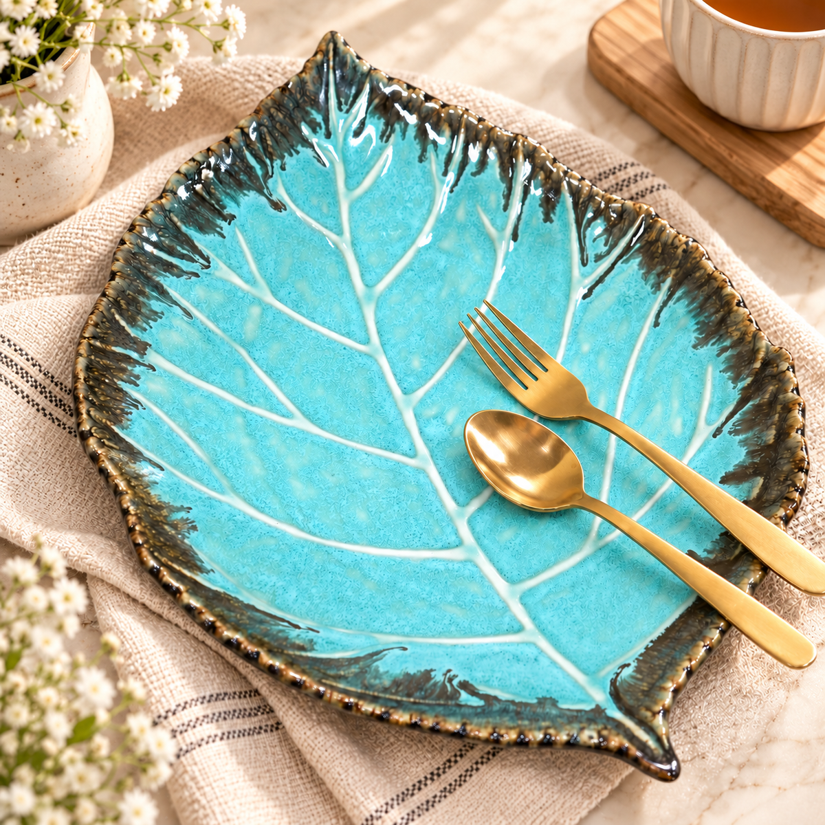 Large Blue Leaf Ceramic Serving Platter