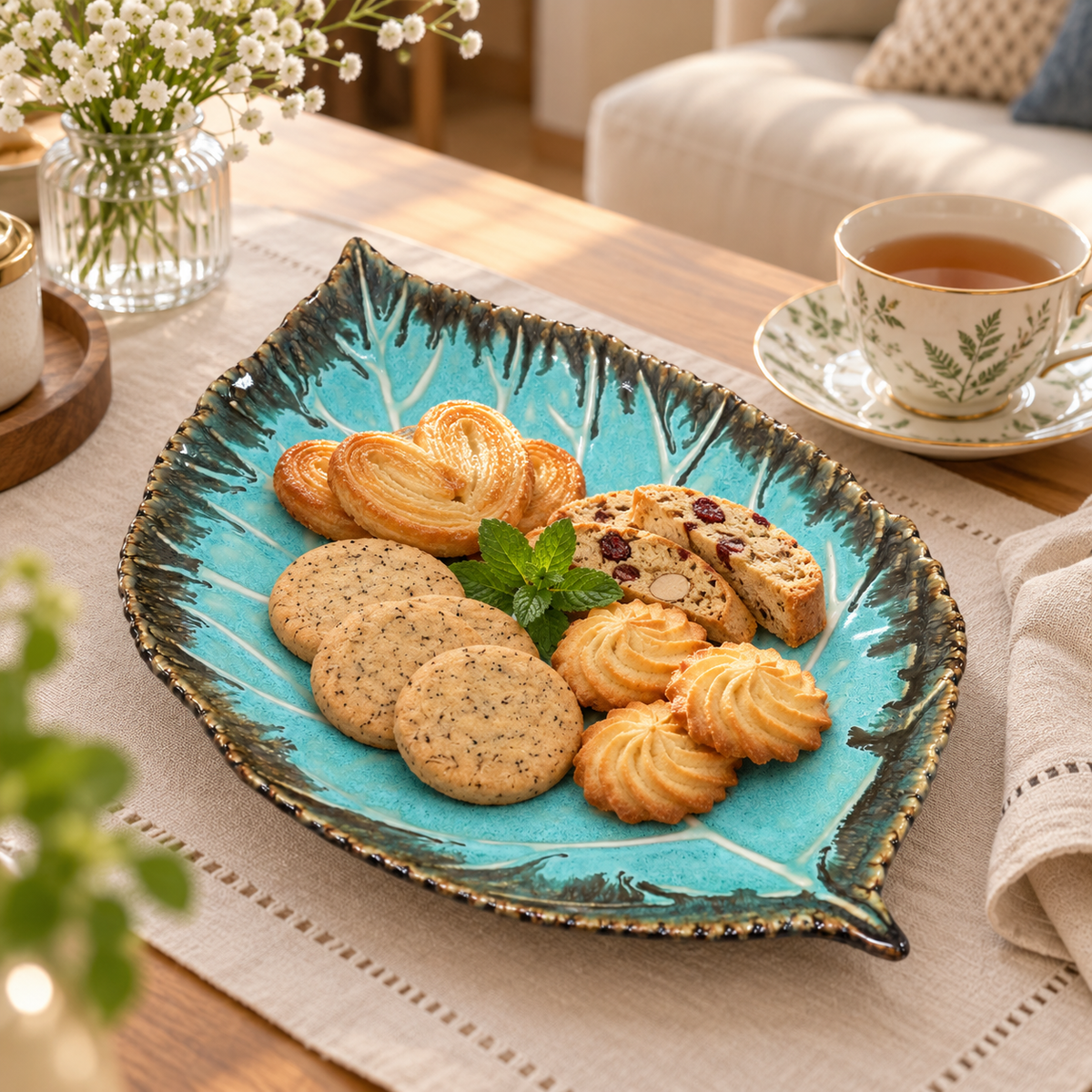 Large Blue Leaf Ceramic Serving Platter