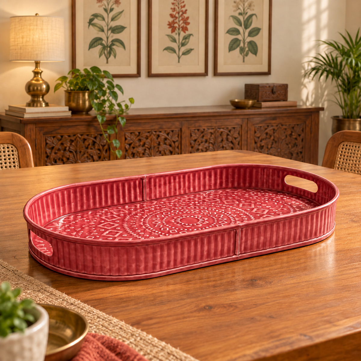 A red oval metal serving tray with a raised mandala pattern and side handles, displayed on a wooden dining table in a warm, decorated room.