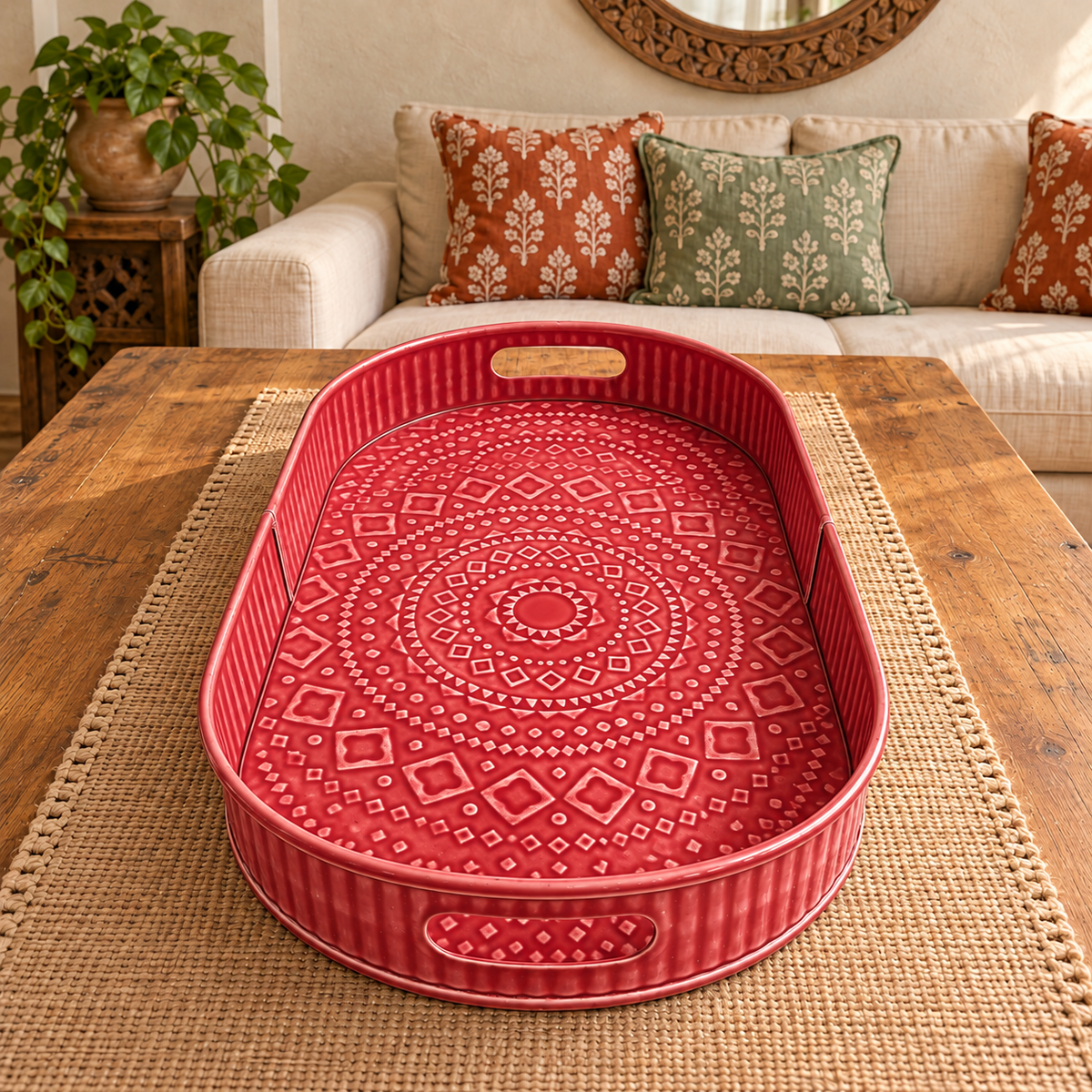 A red oval serving tray with a raised geometric mandala pattern and side handles, displayed on a woven placemat on a wooden table in a living room setting.