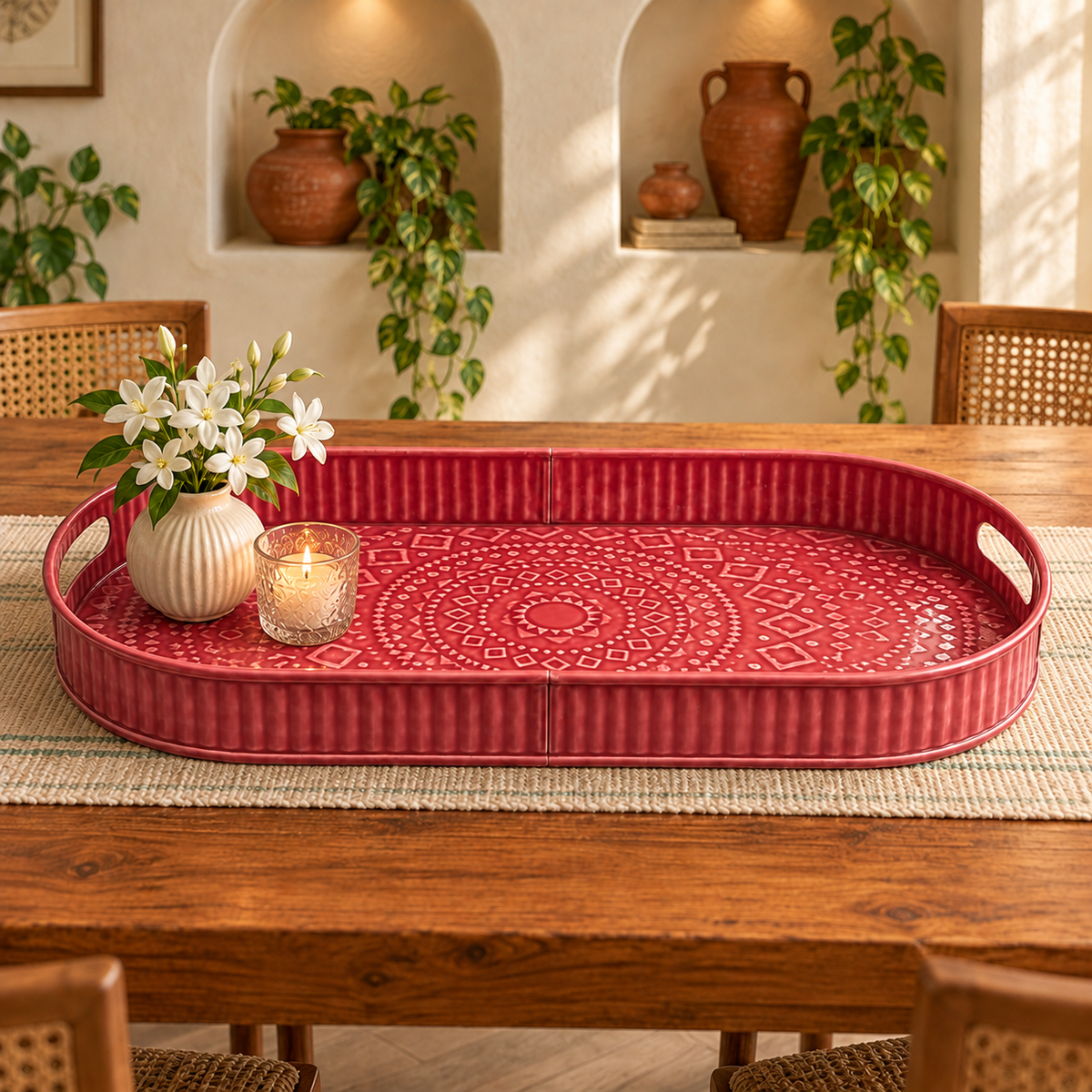A red oval serving tray with embossed geometric patterns and integrated handles sits on a wooden dining table. The tray is styled with a small white vase of white flowers and a lit candle, set against a warm, decorated dining room background with plants and shelves.