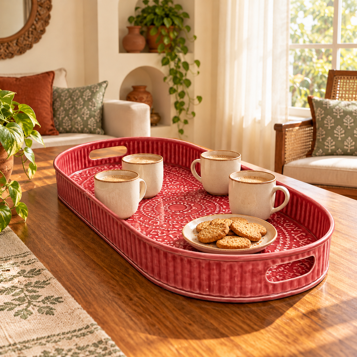 A red oval serving tray with a textured ribbed exterior and patterned interior, styled on a wooden table in a bright living room. The tray holds four white ceramic mugs, a small plate of cookies, and a wooden spoon.
