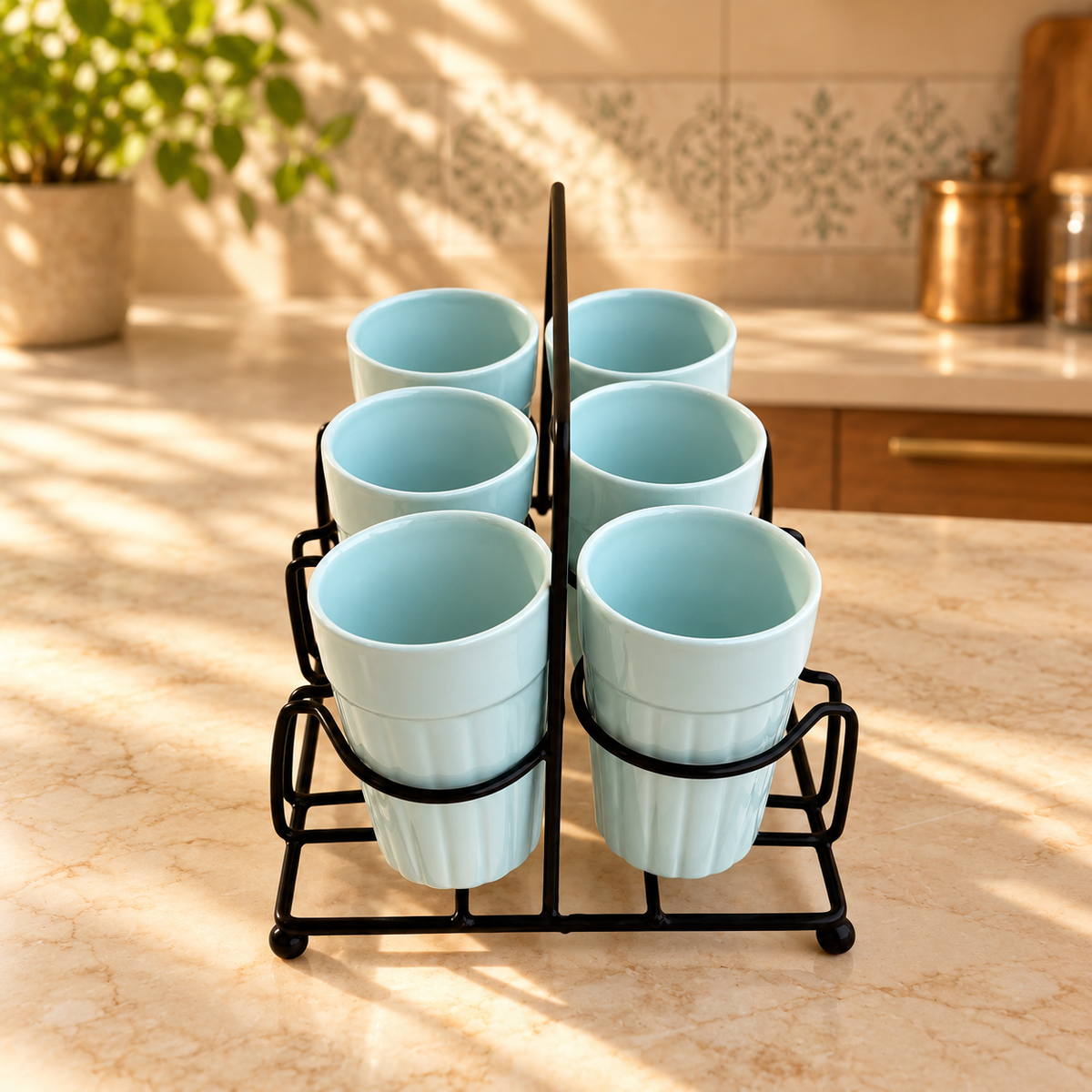Light Blue Ceramic Cutting Chai Glass Set with Black Metal Stand