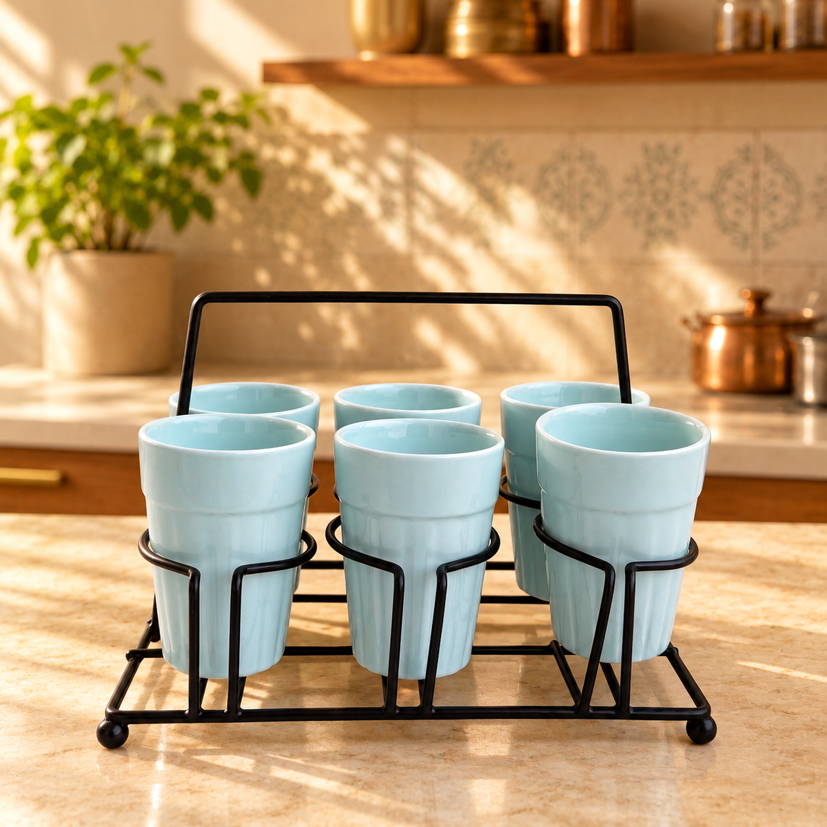 Light Blue Ceramic Cutting Chai Glass Set with Black Metal Stand