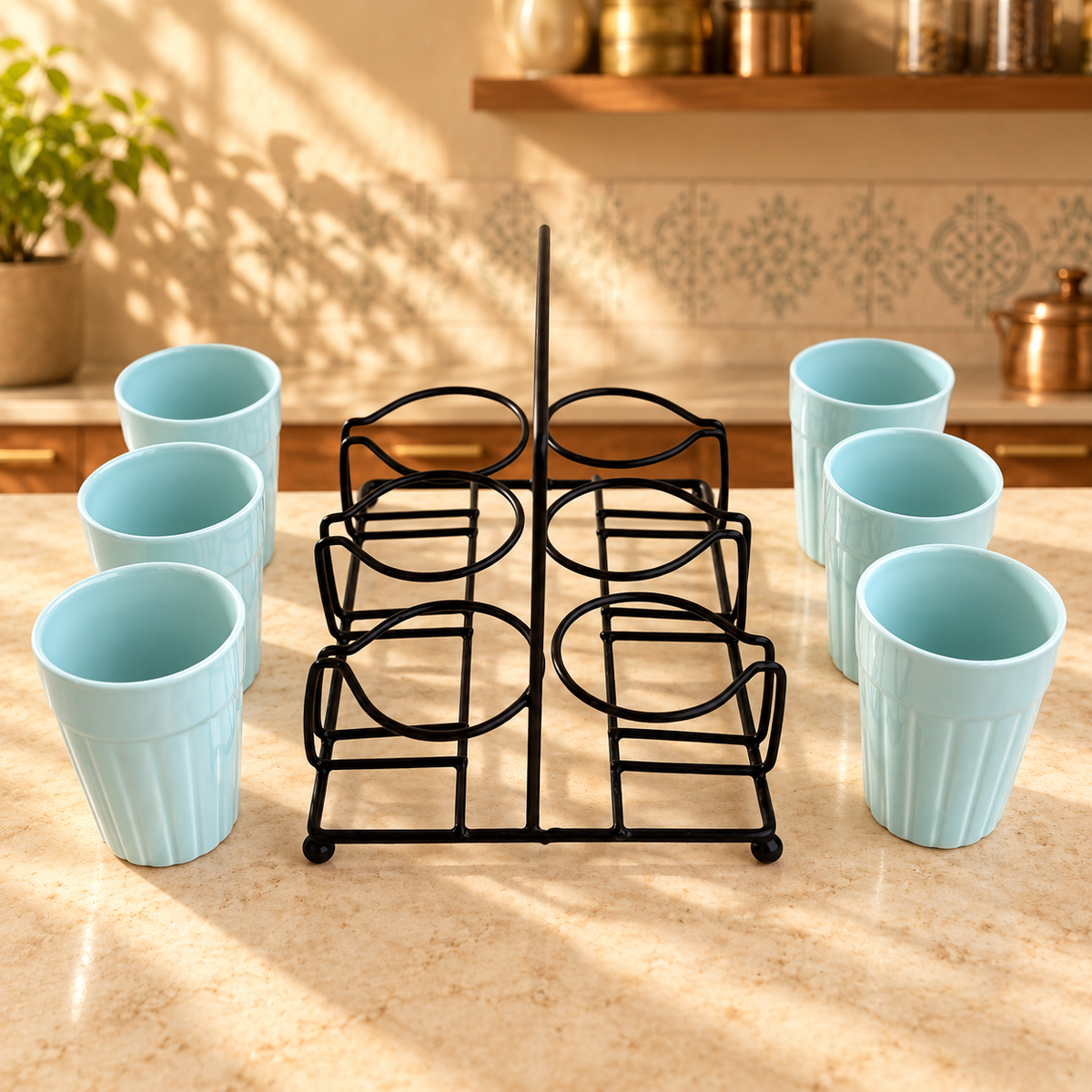 Light Blue Ceramic Cutting Chai Glass Set with Black Metal Stand