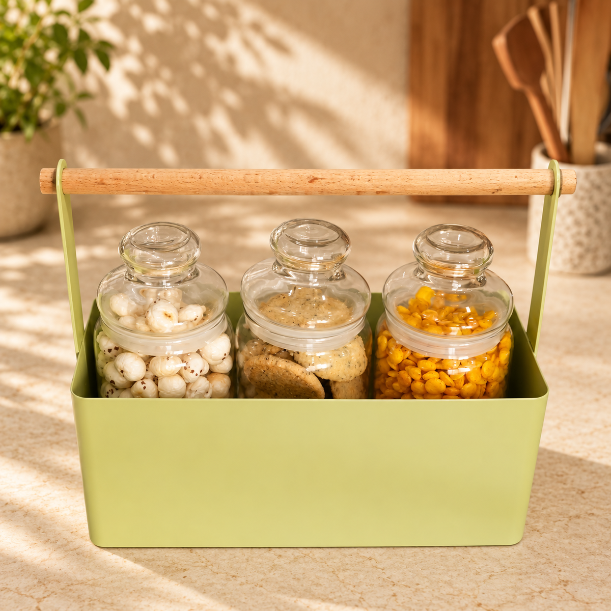 Matte Green Kitchen Organizer with Wooden Handle