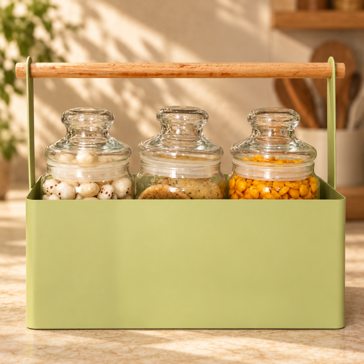 Matte Green Kitchen Organizer with Wooden Handle
