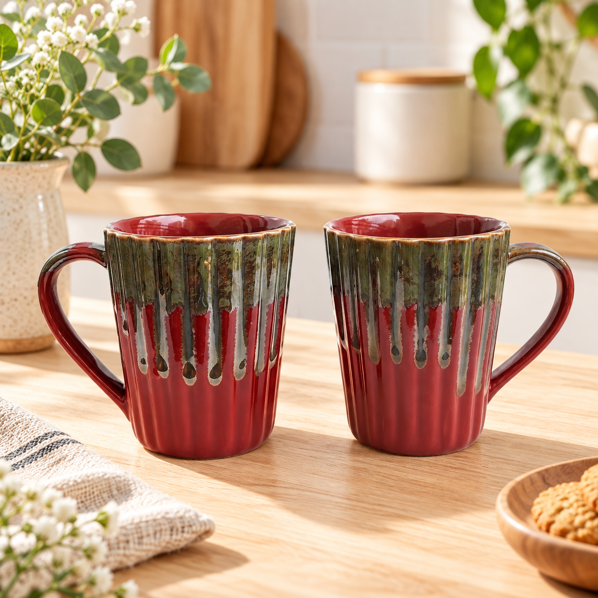 Metallic Red Ceramic Coffee Mug Pair