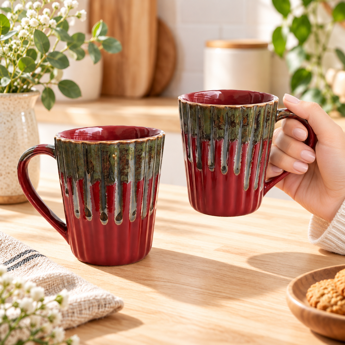 Metallic Red Ceramic Coffee Mug Pair