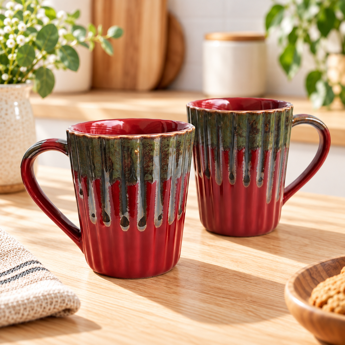 Metallic Red Ceramic Coffee Mug Pair