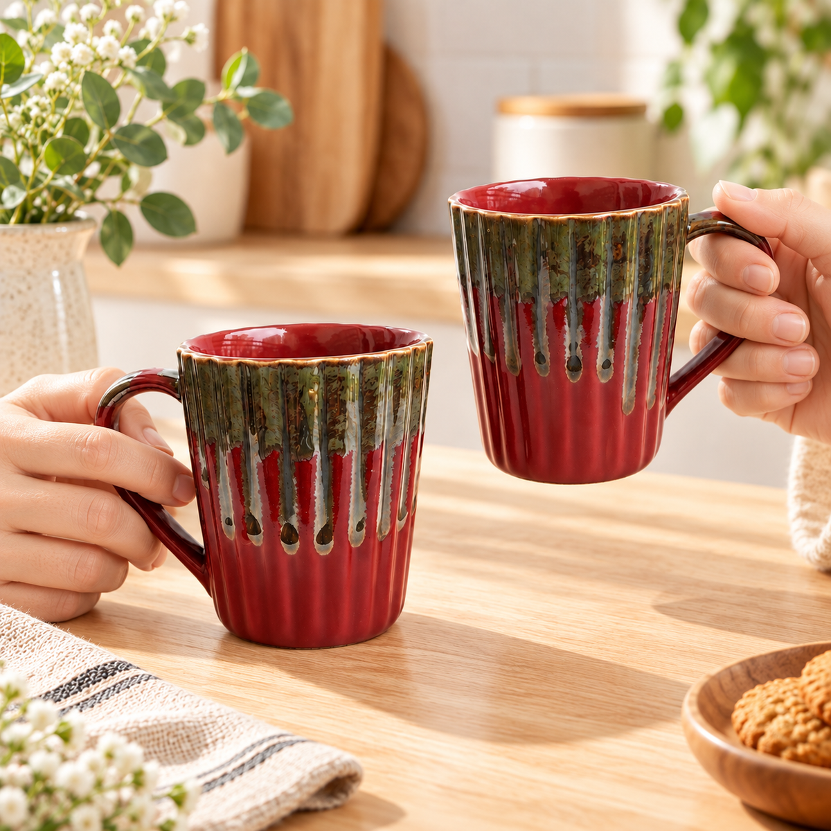 Metallic Red Ceramic Coffee Mug Pair