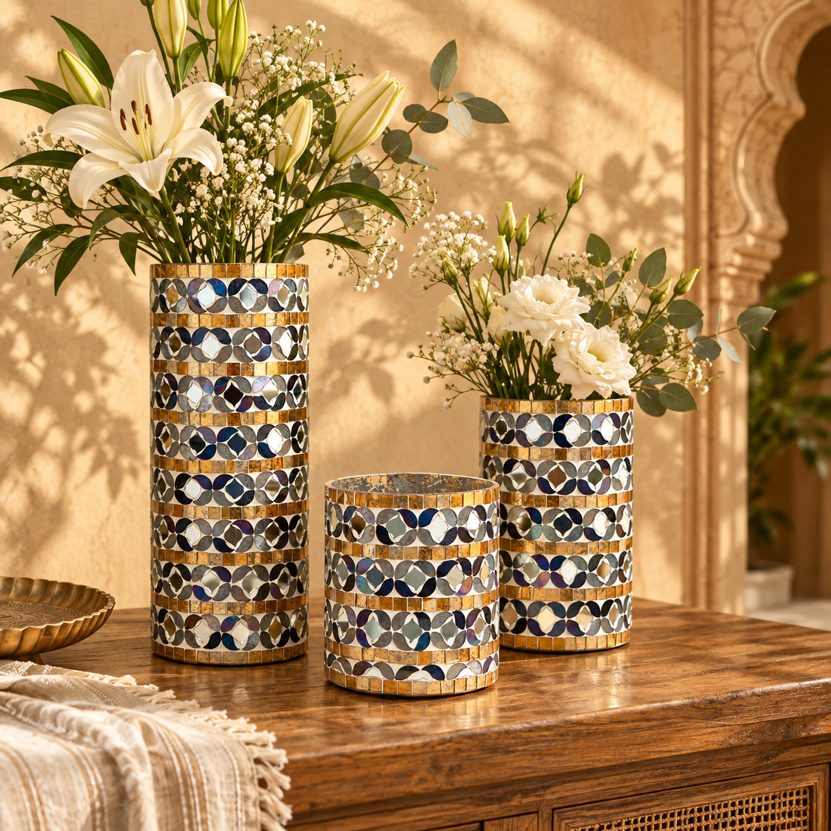 Monochrome Majesty Mosaic Glass Vase Set of 3