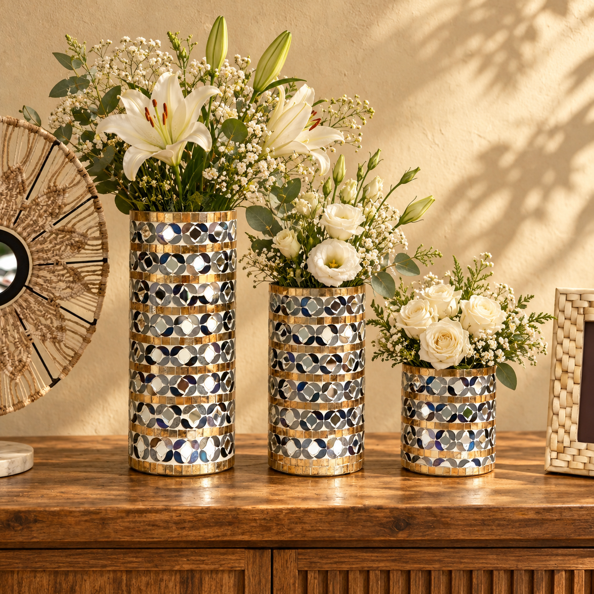 Monochrome Majesty Mosaic Glass Vase Set of 3
