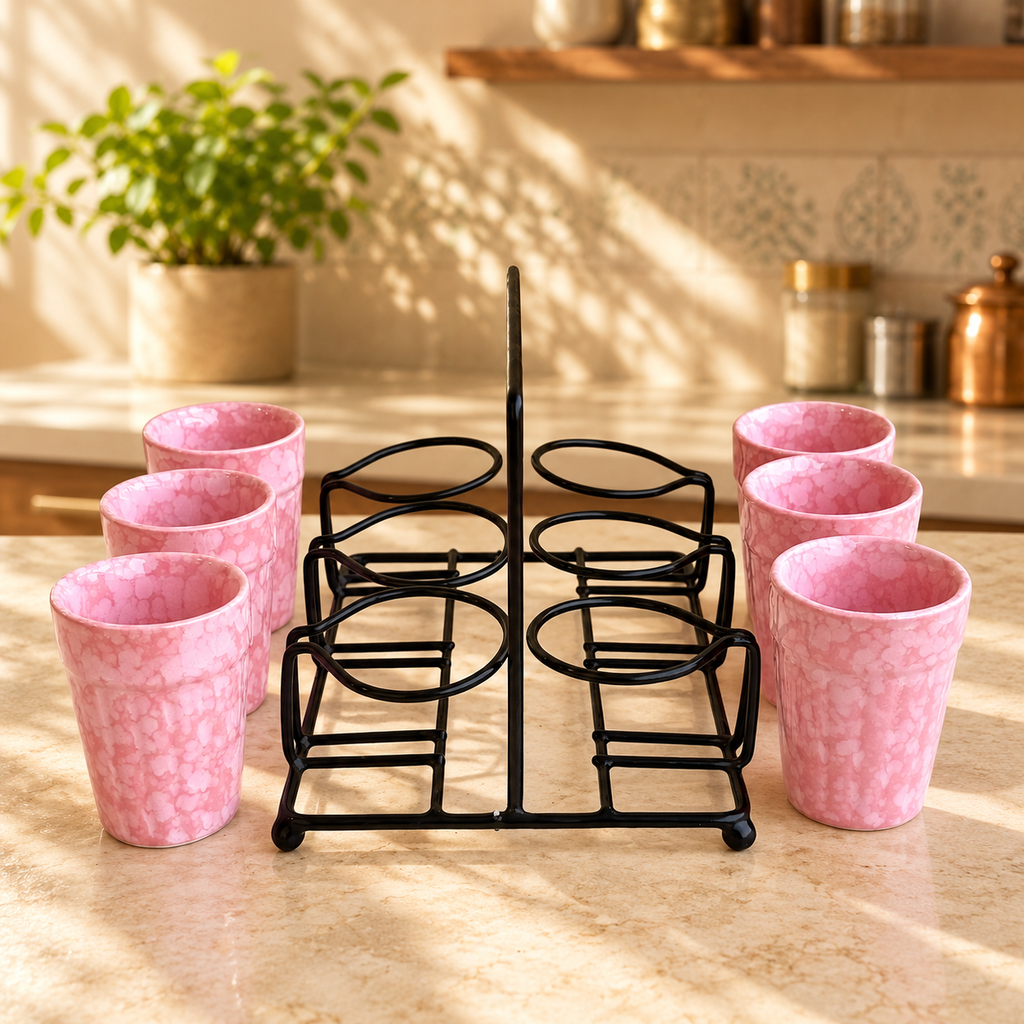 Pink Ceramic Cutting Chai Glass Set with Black Metal Stand