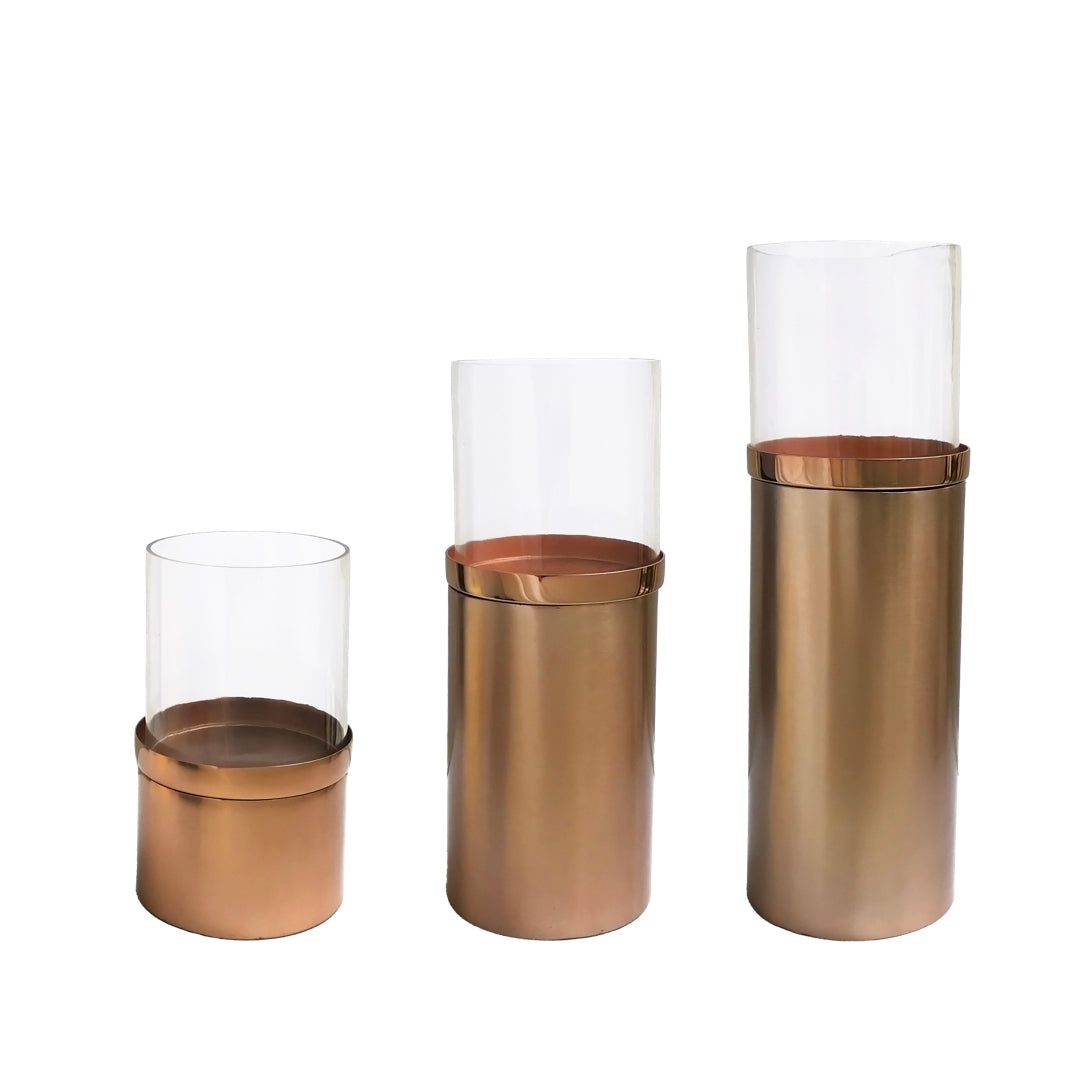 Rose Gold Pillar Candle Holders with Glass Hurricane| Casa Kriti