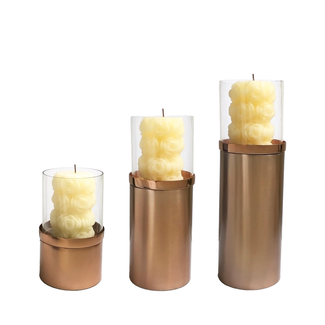 Rose Gold Pillar Candle Holders with Glass Hurricane| Casa Kriti