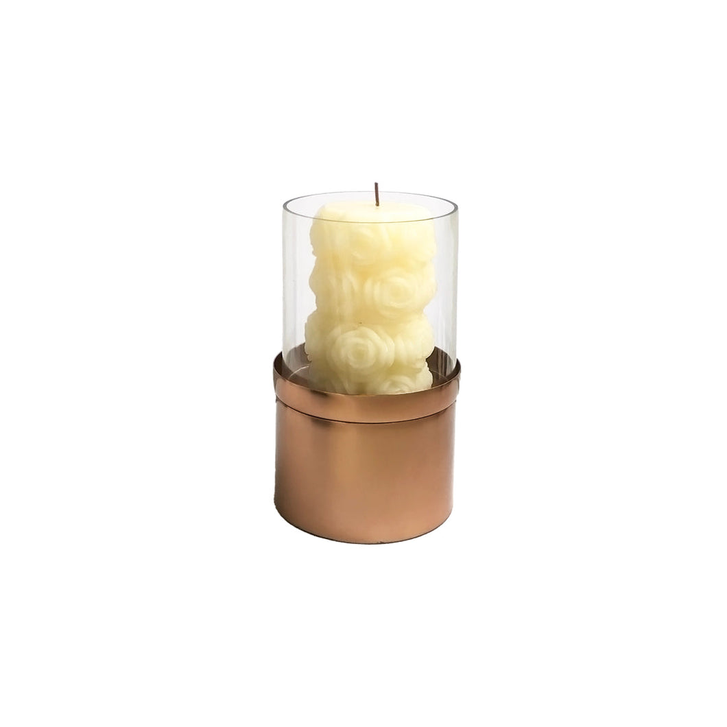 Small Rose Gold Pillar Candle Holder with Glass | Casa Kriti