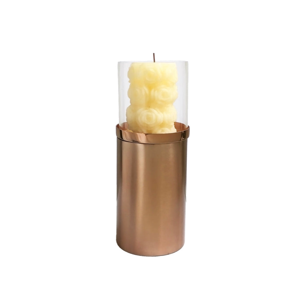 Medium Rose Gold Pillar Candle Holder with Glass | Casa Kriti