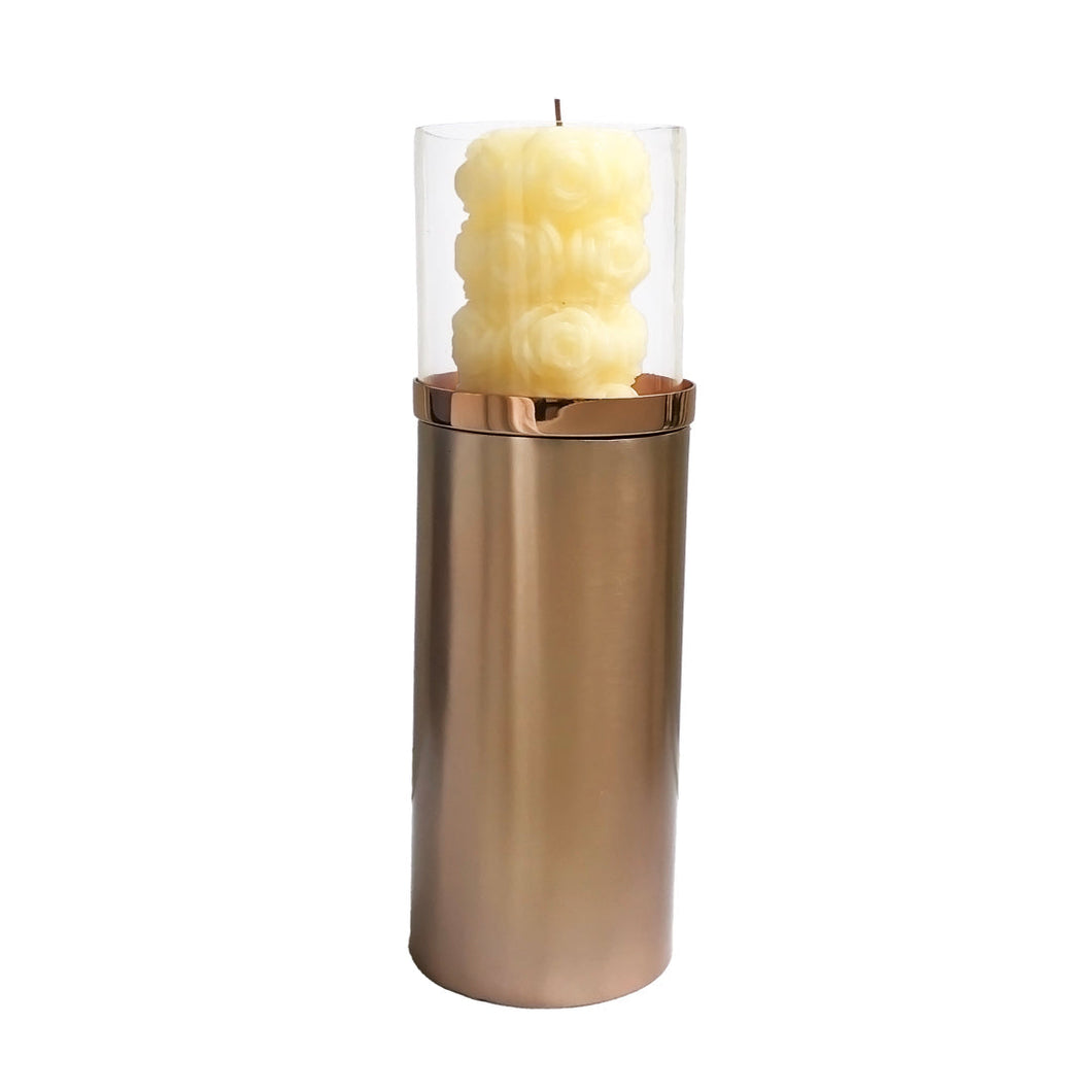 Large Rose Gold Pillar Candle Holder with Glass | Casa Kriti