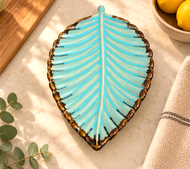 Turquoise Leaf Ceramic Serving Platter