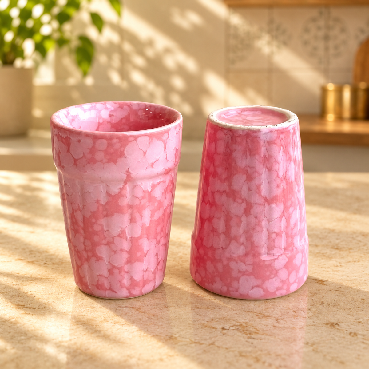 Pink Ceramic Cutting Chai Glass Set with Black Metal Stand